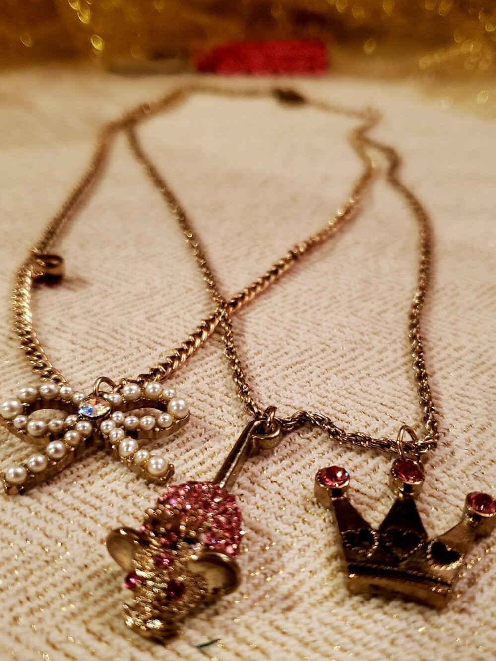 Whimsical Pink Charm Necklace – Bow, Sparkling Mouse & Crown – Betsey Johnson